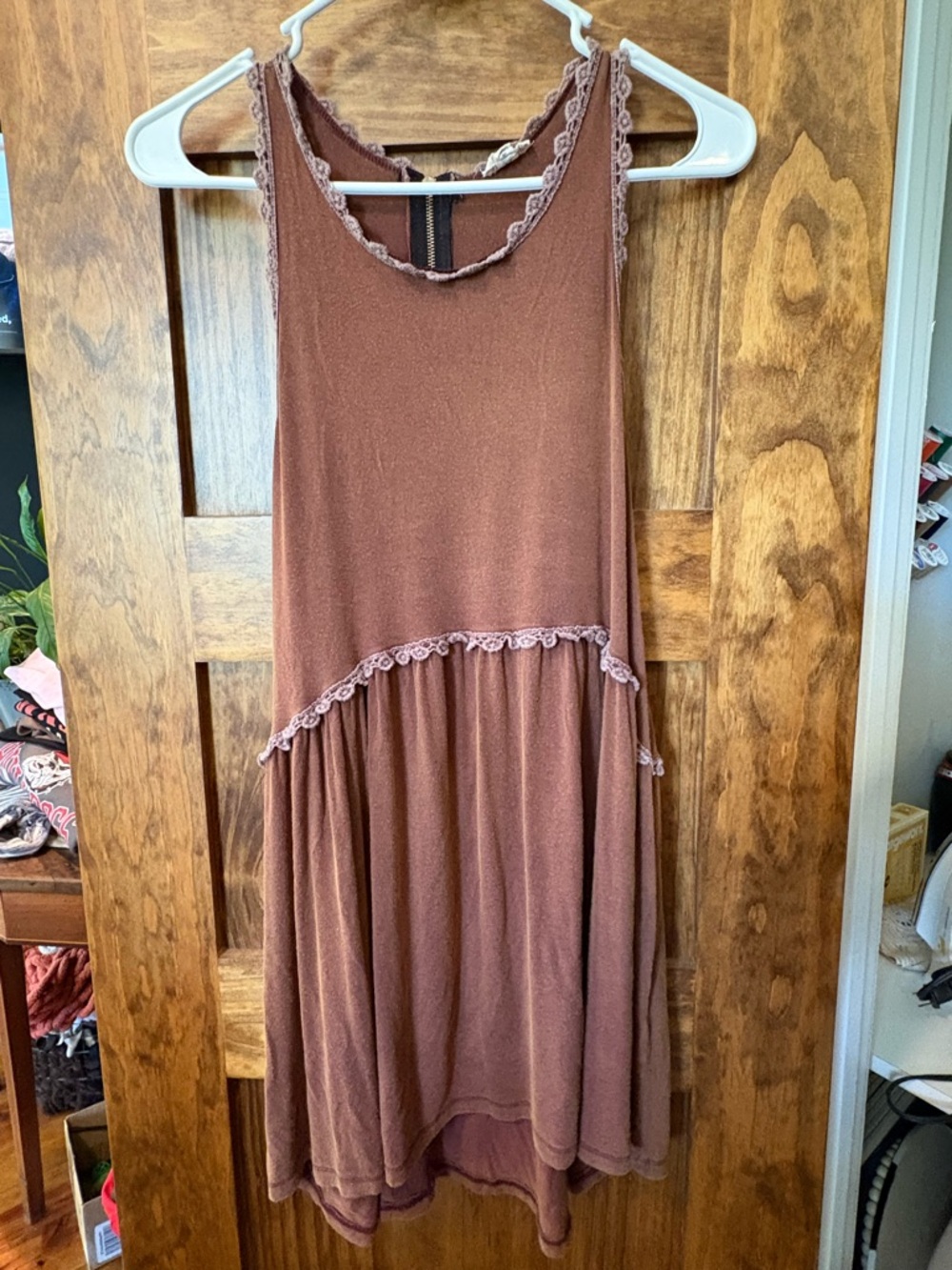 POL Mauve-Brown High-Low Tank Dress with Lace Trim